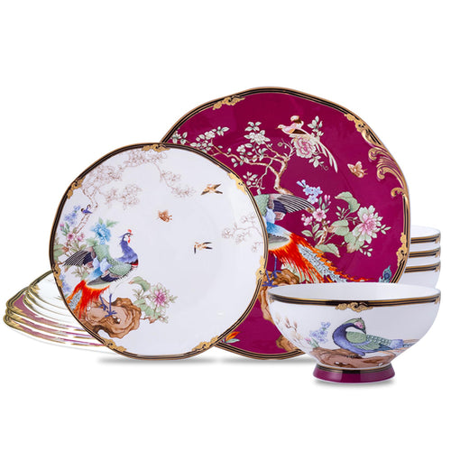 ACMLIFE Bone China Dinnerware Set - Porcelain Dinnerware Set for 4 Vintage Floral China Dinnerware Set Fuchsia 12 Piece Lightweight Bone China Dinnerware Set for Kitchen Gifts for Women (Red)